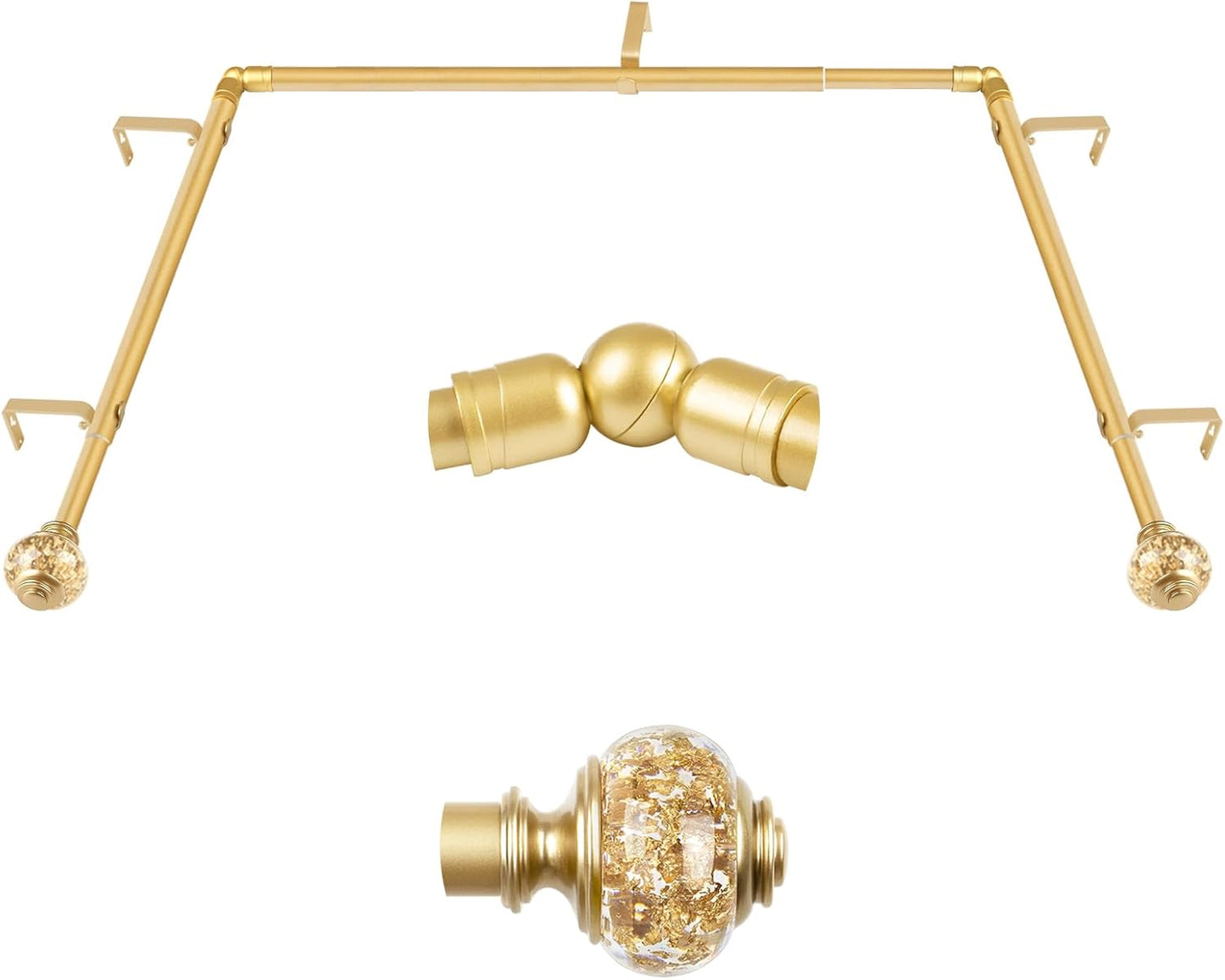 Bay Window Curtain Rods, USFOOK Gold Curtain Rods for Bay windows 32 to 86 Inch (Center Rod), 32 to 58 Inch Side Rod for windows, Decorative Drapery Rods with Bling Finials