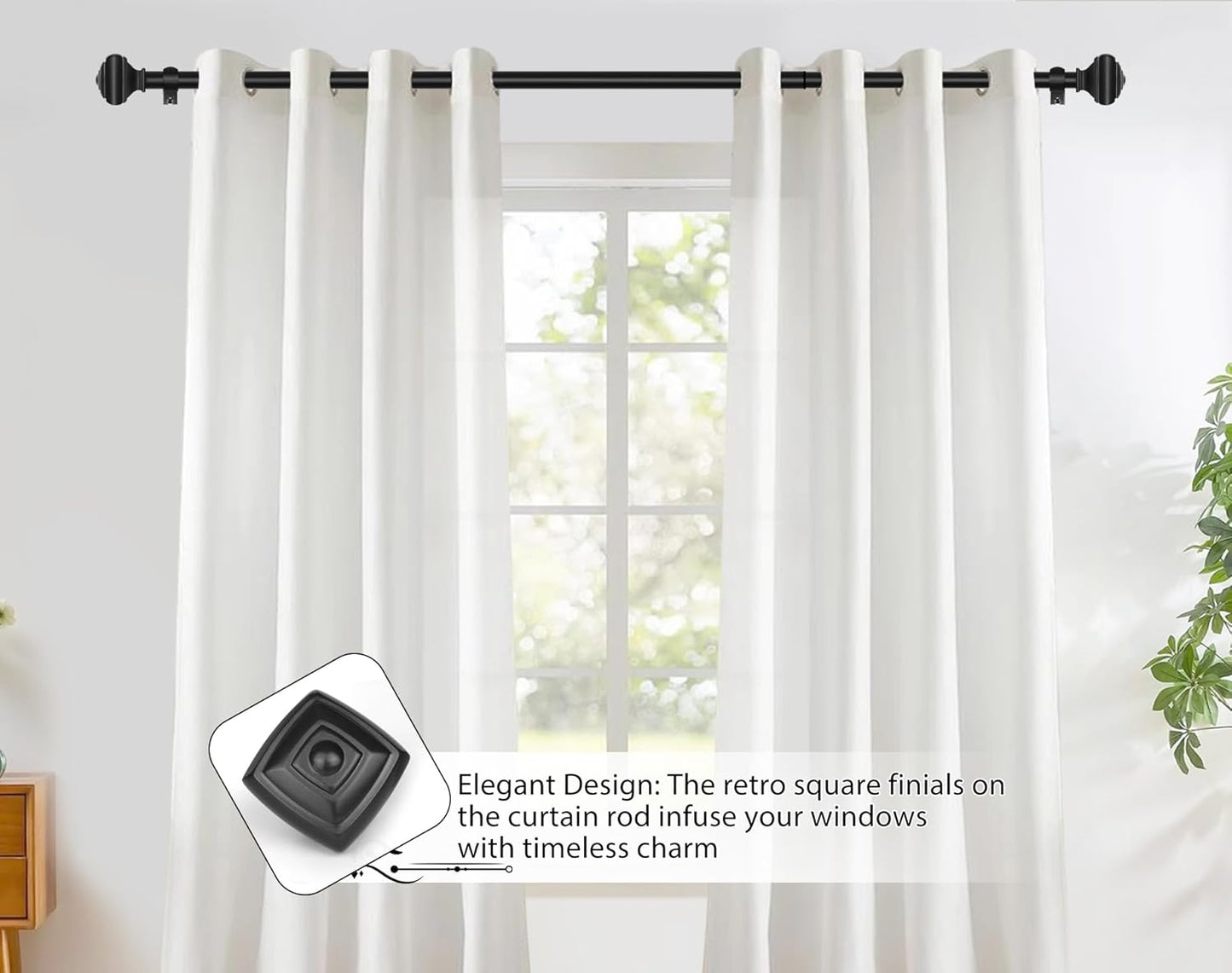 Adjustable Curtains Rods for Windows 48 to 84 Inch, USFOOK 7/8 Inch Splicing Single Curtain Pole Set, Decorative Drapery Rods 32 to 86 Inch for Home, Black Square Finials