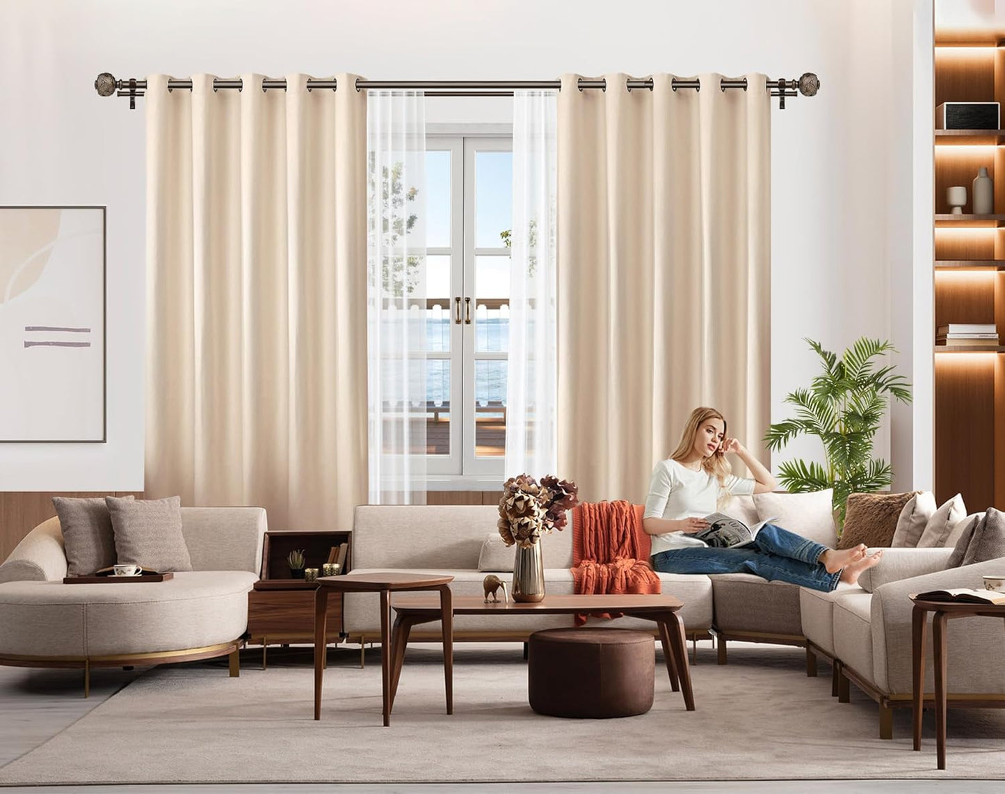 1 Inch Double Curtain Rods 72 to 144 Inches (6 to 12 ft), USFOOK Bronze Drapery Rods for Windows 69 to 140 Inches, Telescoping Dual Curtain Rod with Woven Leaf Finials