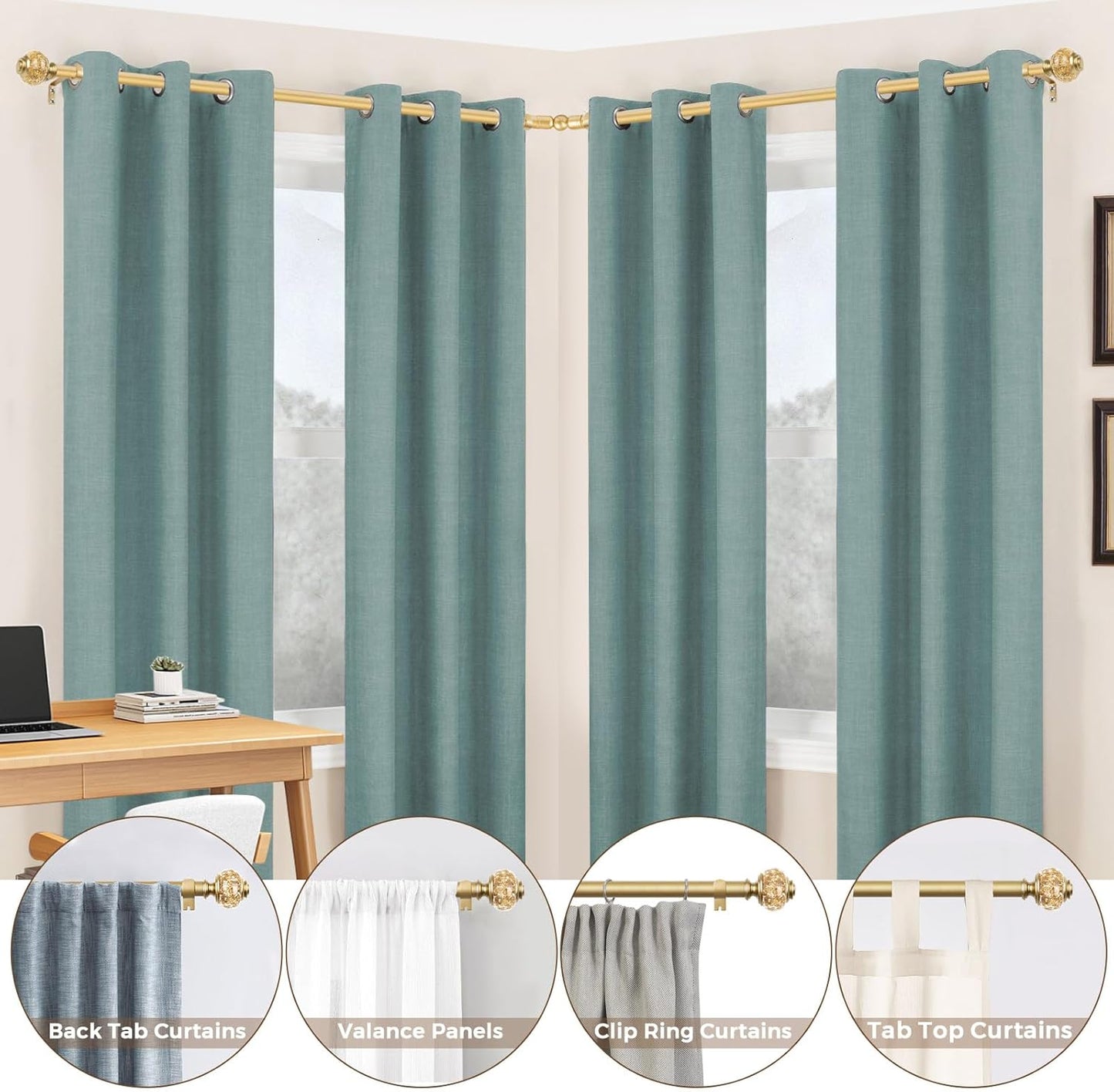 Corner Curtain Rods for Windows 48 to 84, USFOOK 3/4 Center Rod for Windows, Gold Decorative Drapery Rods 32 to 86 Inch with Bling Finials