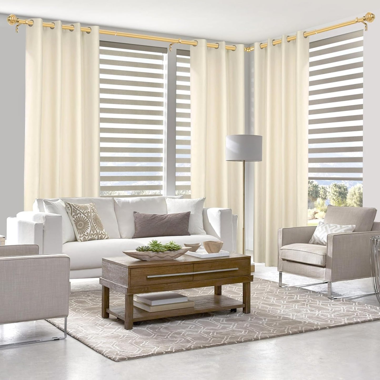 Corner Curtain Rods for Windows 48 to 84, USFOOK 3/4 Center Rod for Windows, Gold Decorative Drapery Rods 32 to 86 Inch with Bling Finials