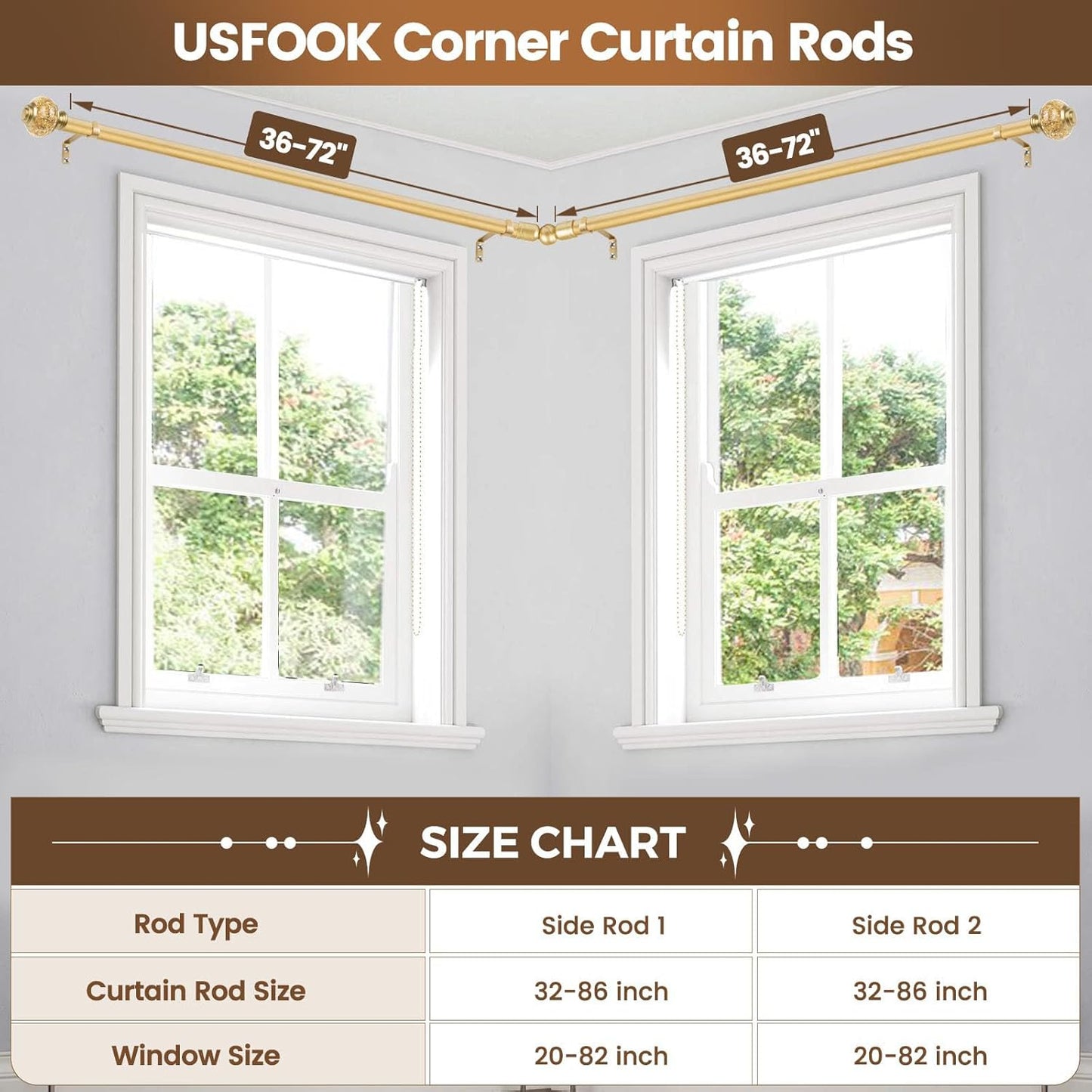 Corner Curtain Rods for Windows 48 to 84, USFOOK 3/4 Center Rod for Windows, Gold Decorative Drapery Rods 32 to 86 Inch with Bling Finials
