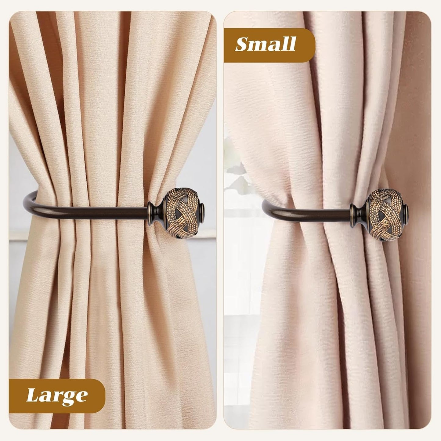 2 Pack Bronze Curtain Holdbacks, Decorative Window Drapery Tiebacks (2 Pack/1 Pair), Curtain Tie Back Hooks for Wall with Leaf Finials (4.3" L x 3.3" W)