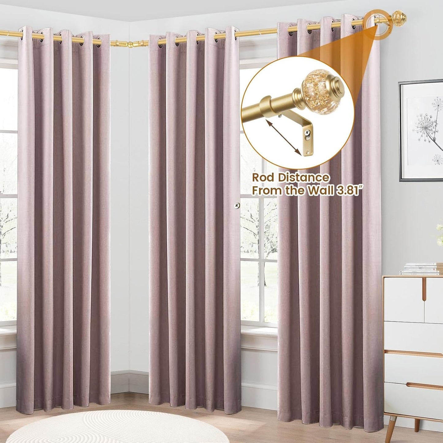 Bay Window Curtain Rods, USFOOK Gold Curtain Rods for Bay windows 32 to 86 Inch (Center Rod), 32 to 58 Inch Side Rod for windows, Decorative Drapery Rods with Bling Finials