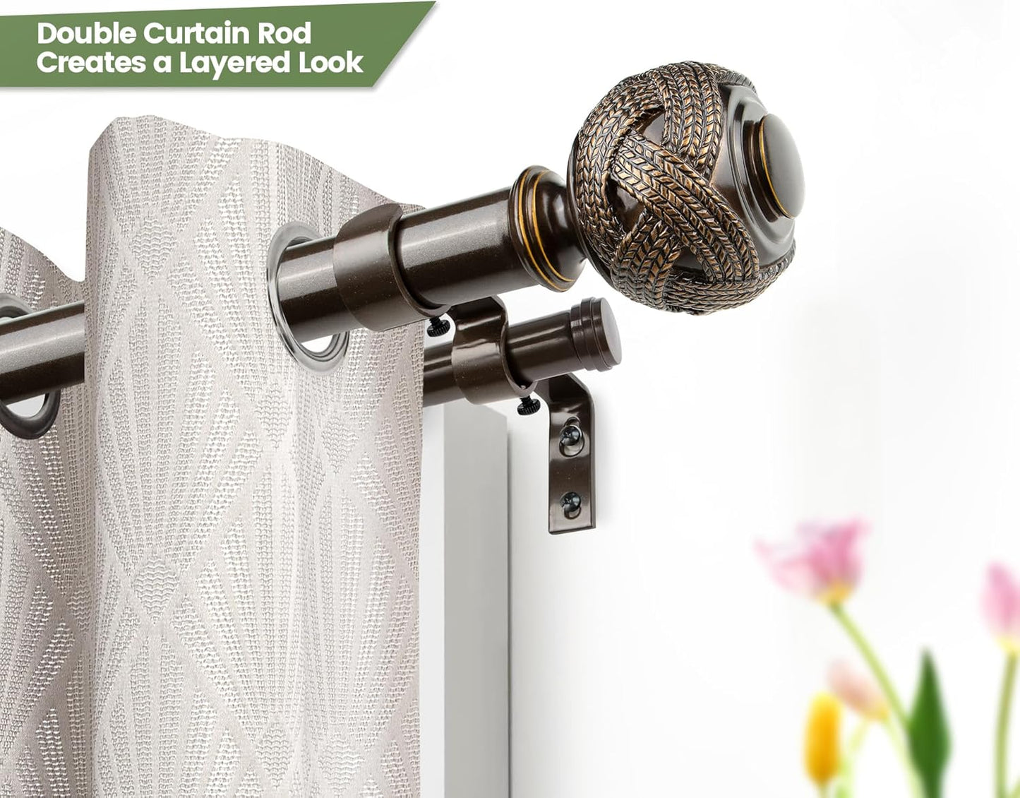 1 Inch Double Curtain Rods 72 to 144 Inches (6 to 12 ft), USFOOK Bronze Drapery Rods for Windows 69 to 140 Inches, Telescoping Dual Curtain Rod with Woven Leaf Finials