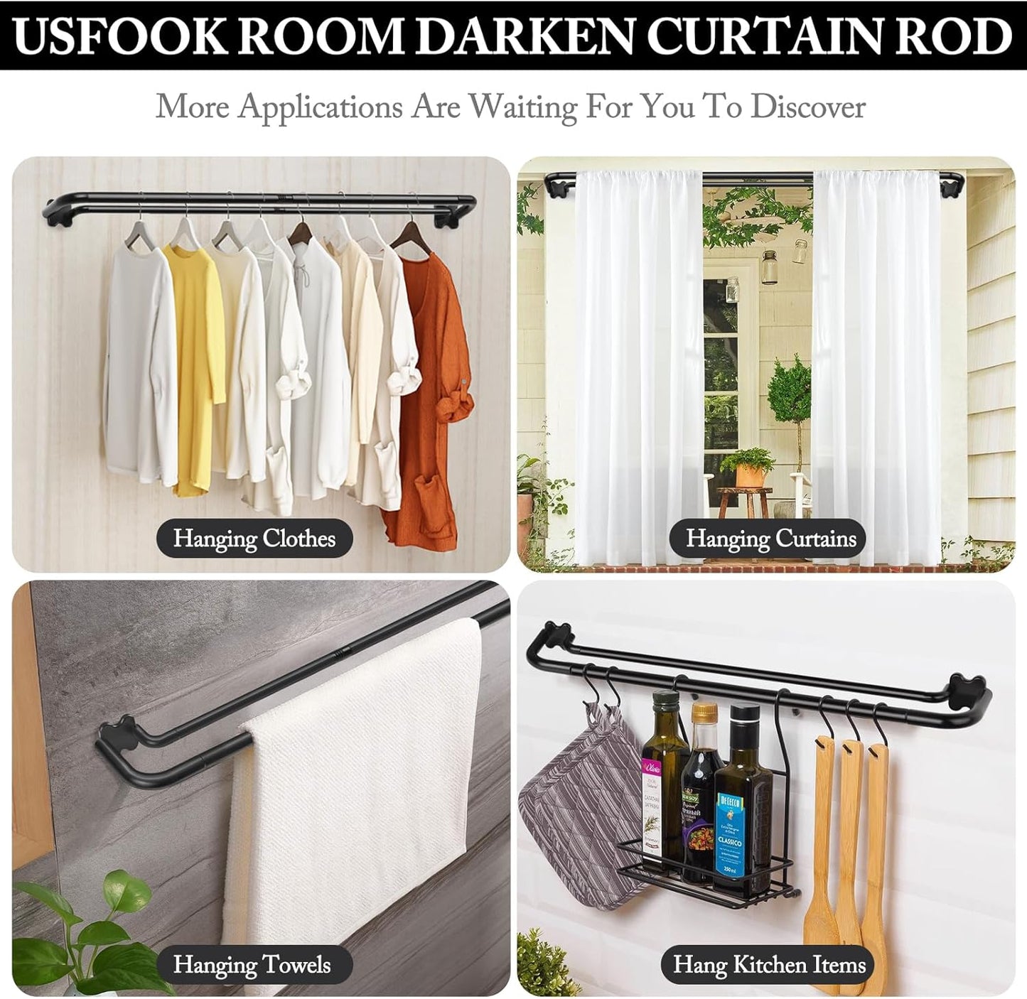 Black Double Curtain Rods, USFOOK Blackout Wrap Around Curtain Rods for Windows 32 to 58 Inch, 6/8 Inch Room Darkening Curtain Rod