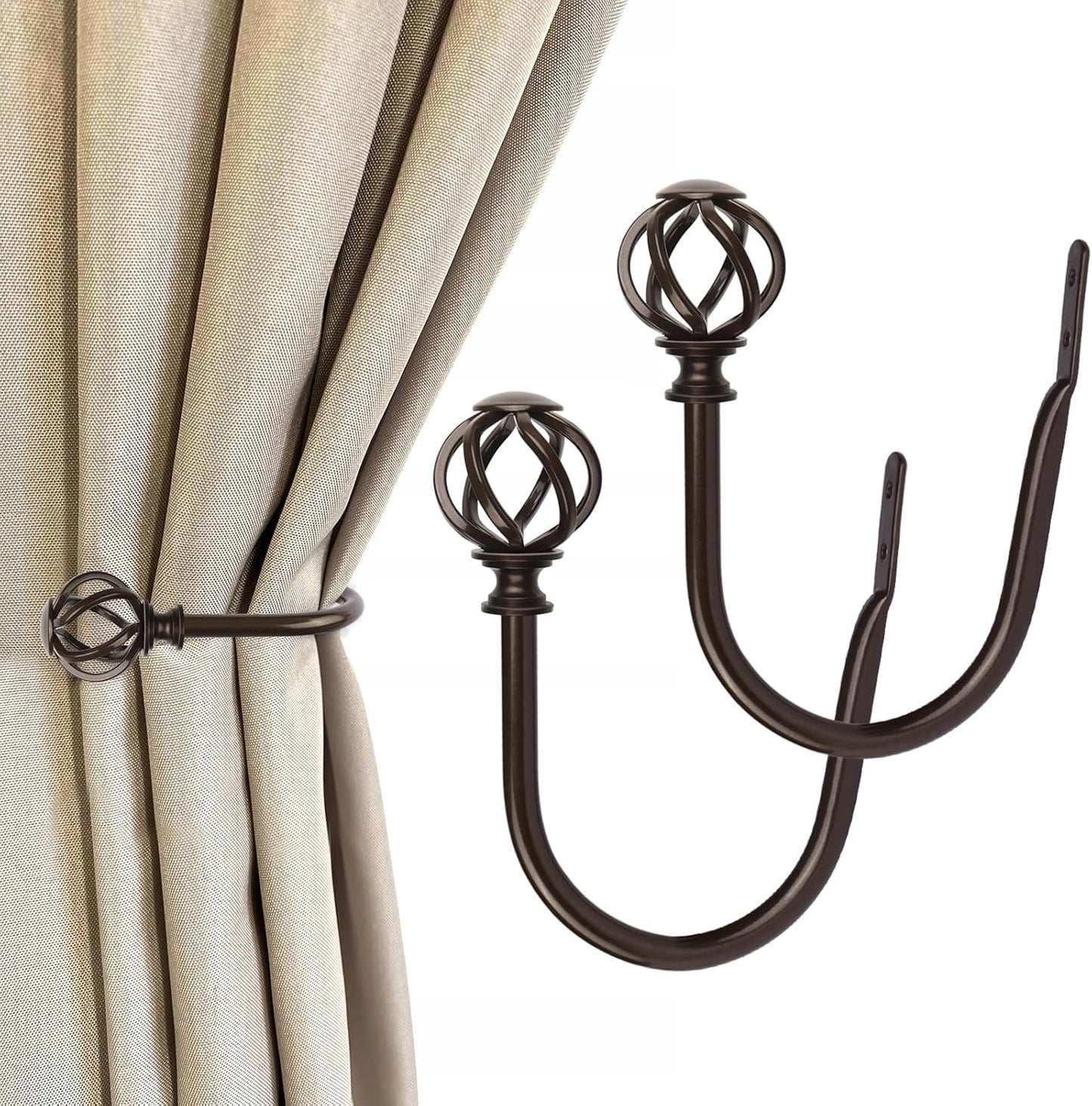 2 Pack Curtain Holdbacks, USFOOK Black Decorative Window Drapery Tiebacks (2 Pack/1 Pair), Curtain Tie Back Hooks for Wall with Twisted Cage Finials (3.45" L x 5.35" W)
