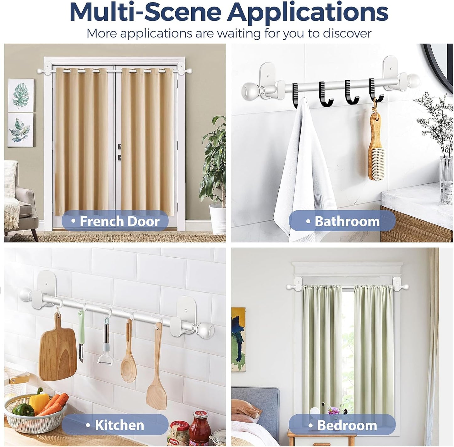 2 Pack Curtain Rods for Windows No Drilling 16 to 30 inch, USFOOK 5/8 Inch No Drill Curtain Rod with 3M Adhesive Brackets, Apartment Friendly Drapery Rods with Round Finials