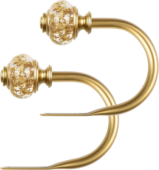 2 Pack Curtain Holdbacks, USFOOK Decorative Window Drapery Tiebacks (2 Pack/1 Pair), Curtain Tie Back Hooks for Wall with Gold Translucent Finials (4.3" L x 3.4" W)