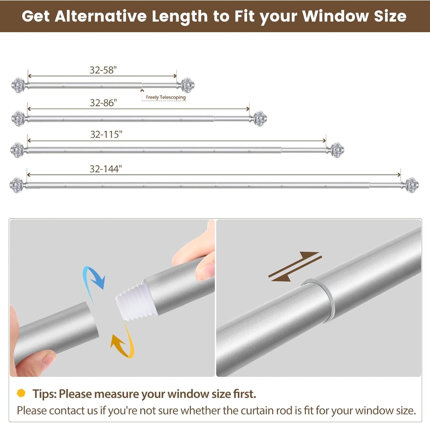 Curtain Rod 32 to 58 Inches (2.6-4.8ft), USFOOK 7/8 inch Telescoping Splicing Curtain rods for Windows 20 to 54 inches, Silver Decorative Drapery Rods for Home with Translucent Finials