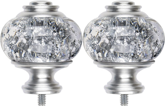 2 Pack Window Treatment Finials for 1 or 7/8 Inch Curtain Rods, Silver Drapery Rods Replacement Finials with M6 Screws, Translucent Finials Embedded with Silver Foil