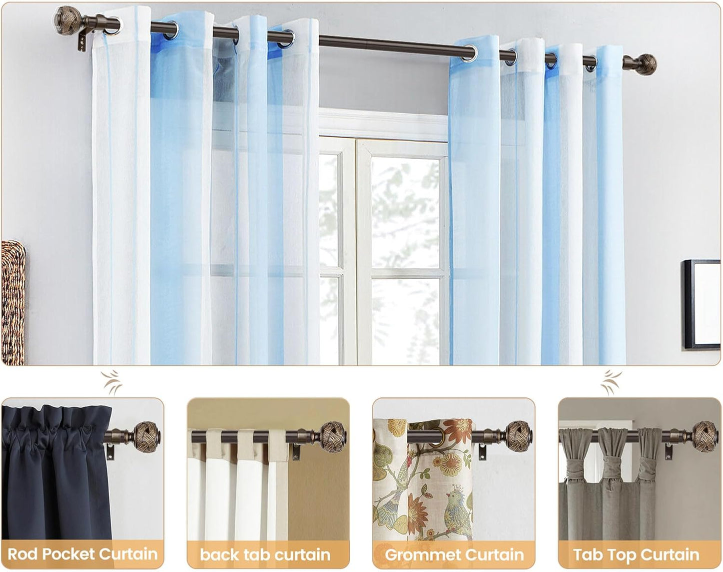 Bronze Curtain Rod 32 to 58 Inches (2.6 to 4.8 ft), USFOOK 7/8 Inch Telescoping Splicing Curtain Rods for Windows 20 to 53 Inch, Drapery Rods with Leaf Finials