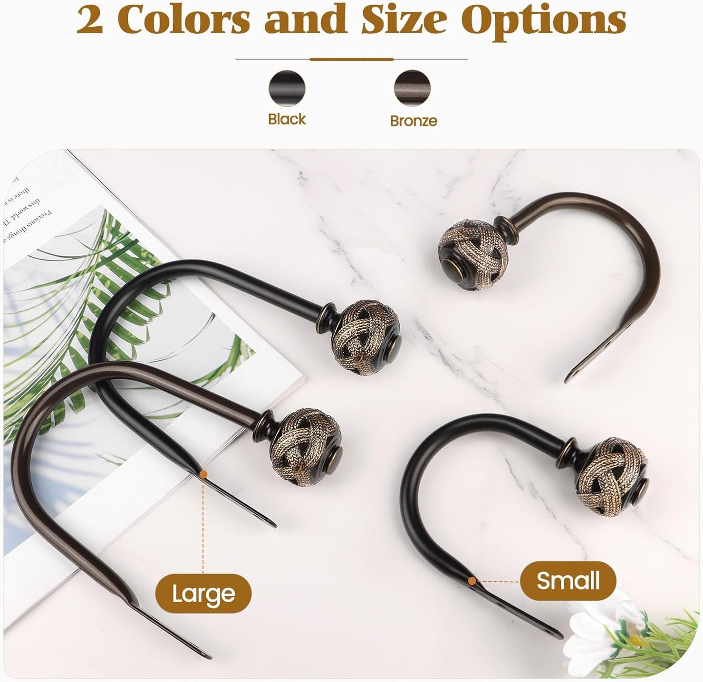 2 Pack Bronze Curtain Holdbacks, Decorative Window Drapery Tiebacks (2 Pack/1 Pair), Curtain Tie Back Hooks for Wall with Leaf Finials (4.3" L x 3.3" W)