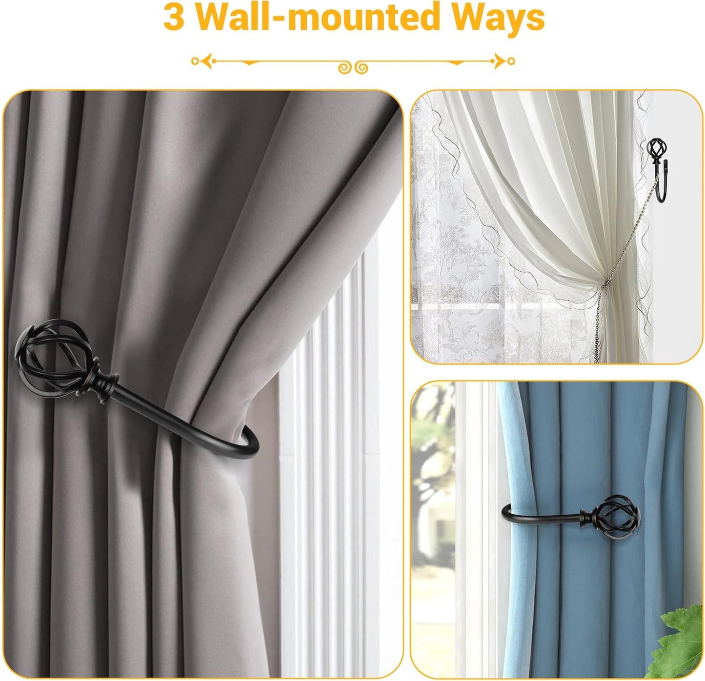 2 Pack Curtain Holdbacks, USFOOK Black Decorative Window Drapery Tiebacks (2 Pack/1 Pair), Curtain Tie Back Hooks for Wall with Twisted Cage Finials (3.45" L x 5.35" W)