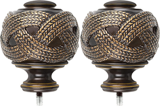 Window Treatment Finials for 1 or 7/8 Inch Curtain Rods, Bronze Drapery Rods Replacement Finials with M6 Screws, Woven Leaf Pattern, 2 Pack