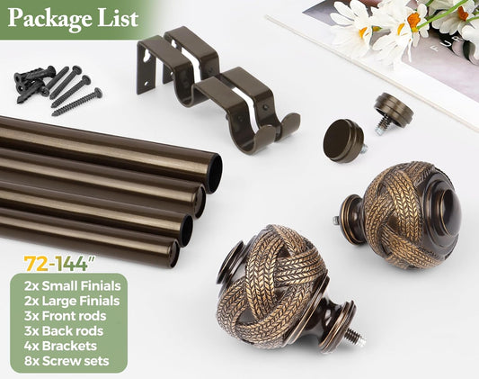 1 Inch Double Curtain Rods 72 to 144 Inches (6 to 12 ft), USFOOK Bronze Drapery Rods for Windows 69 to 140 Inches, Telescoping Dual Curtain Rod with Woven Leaf Finials
