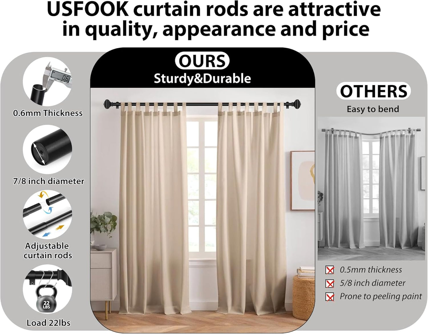 Adjustable Curtains Rods for Windows 48 to 84 Inch, USFOOK 7/8 Inch Splicing Single Curtain Pole Set, Decorative Drapery Rods 32 to 86 Inch for Home, Black Square Finials