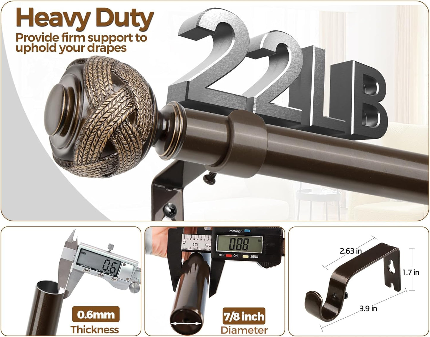 Bronze Curtain Rod 32 to 58 Inches (2.6 to 4.8 ft), USFOOK 7/8 Inch Telescoping Splicing Curtain Rods for Windows 20 to 53 Inch, Drapery Rods with Leaf Finials