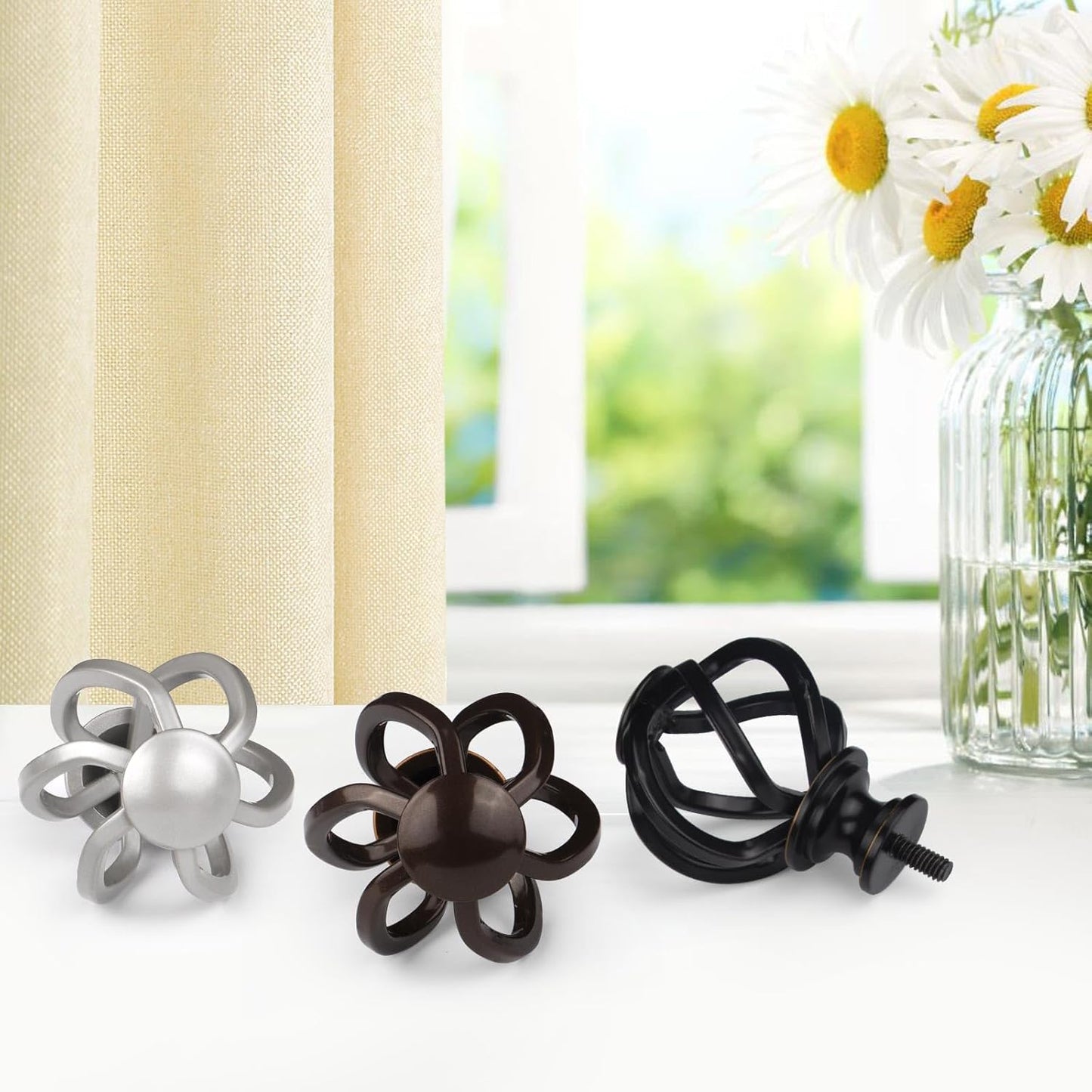 2 Pack Curtain Holdbacks, USFOOK Black Decorative Window Drapery Tiebacks (2 Pack/1 Pair), Curtain Tie Back Hooks for Wall with Twisted Cage Finials (3.45" L x 5.35" W)