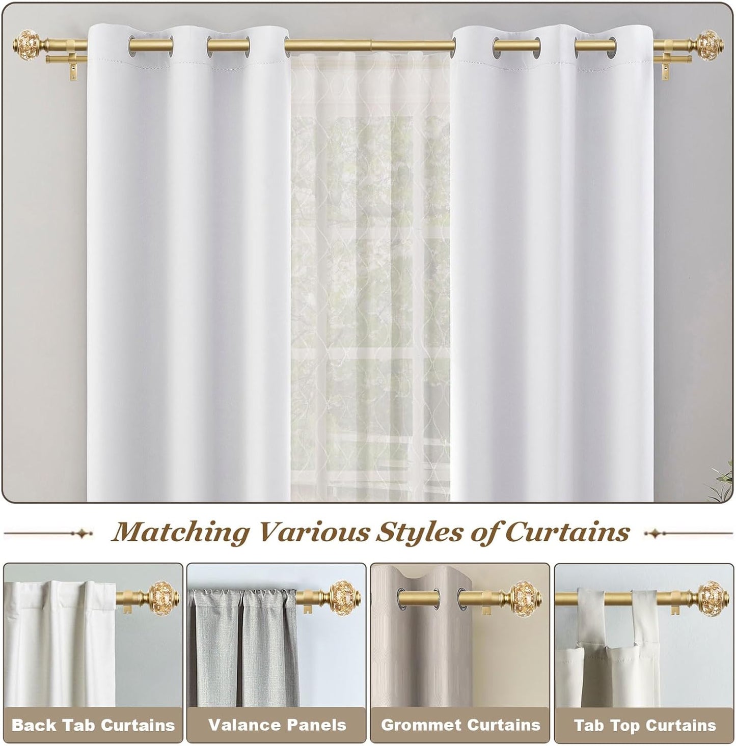 1 Inch Gold Double Curtain Rods 72 to 144 Inches (6 to 12 ft), USFOOK Drapery Rods for Windows, Telescoping Dual Curtain Rod with Luxury Translucent Finials