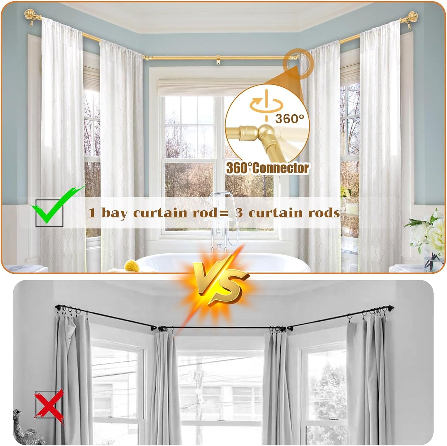 Bay Window Curtain Rods, USFOOK Gold Curtain Rods for Bay windows 32 to 86 Inch (Center Rod), 32 to 58 Inch Side Rod for windows, Decorative Drapery Rods with Bling Finials