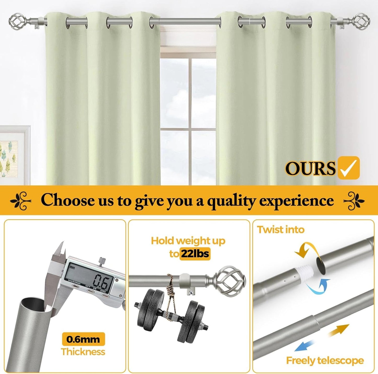 Antique Silver Curtain Rod 32 to 58 Inches (2.6 to 4.8 ft), USFOOK 7/8 Curtain Rods for Windows, Telescoping Splicing Drapery Rods with Twisted Cage Finials