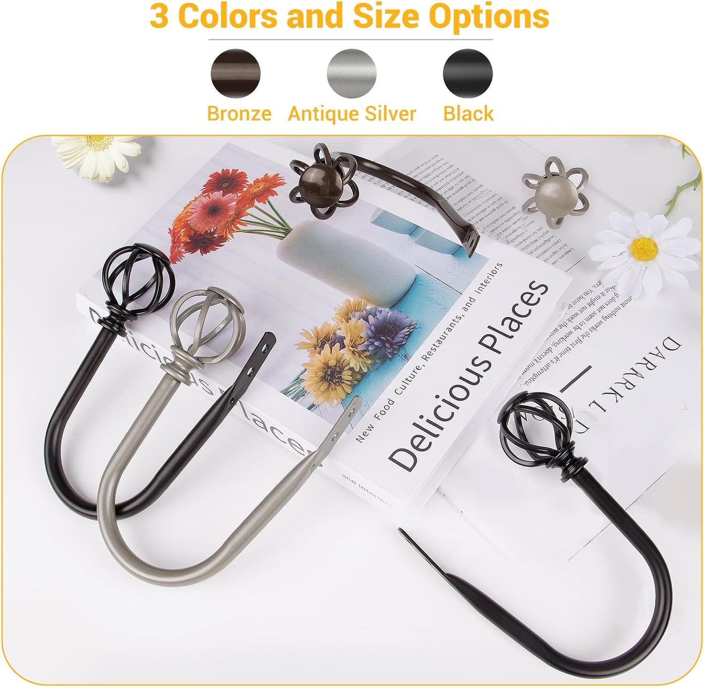 2 Pack Curtain Holdbacks, USFOOK Black Decorative Window Drapery Tiebacks (2 Pack/1 Pair), Curtain Tie Back Hooks for Wall with Twisted Cage Finials (3.45" L x 5.35" W)