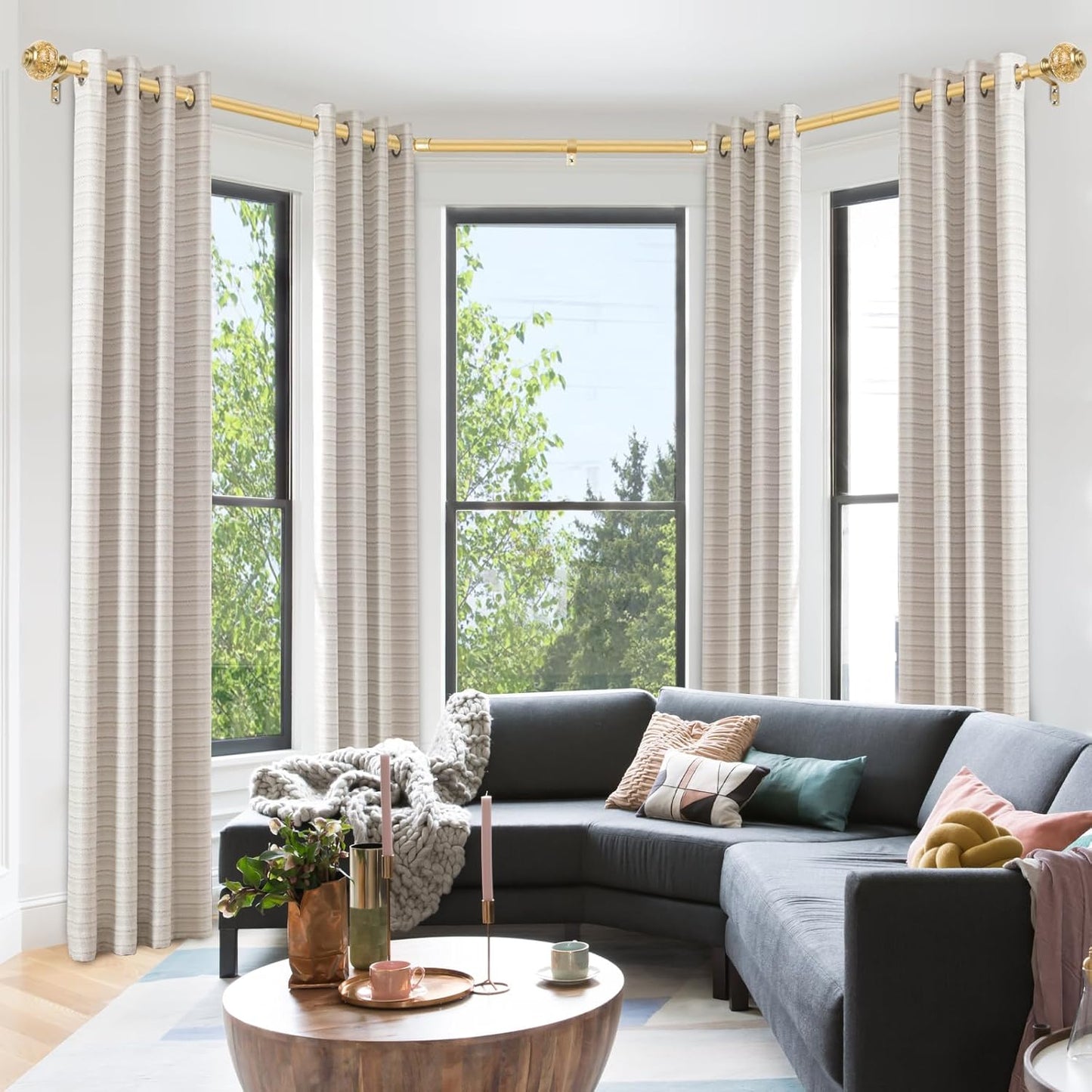 Bay Window Curtain Rods, USFOOK Gold Curtain Rods for Bay windows 32 to 86 Inch (Center Rod), 32 to 58 Inch Side Rod for windows, Decorative Drapery Rods with Bling Finials
