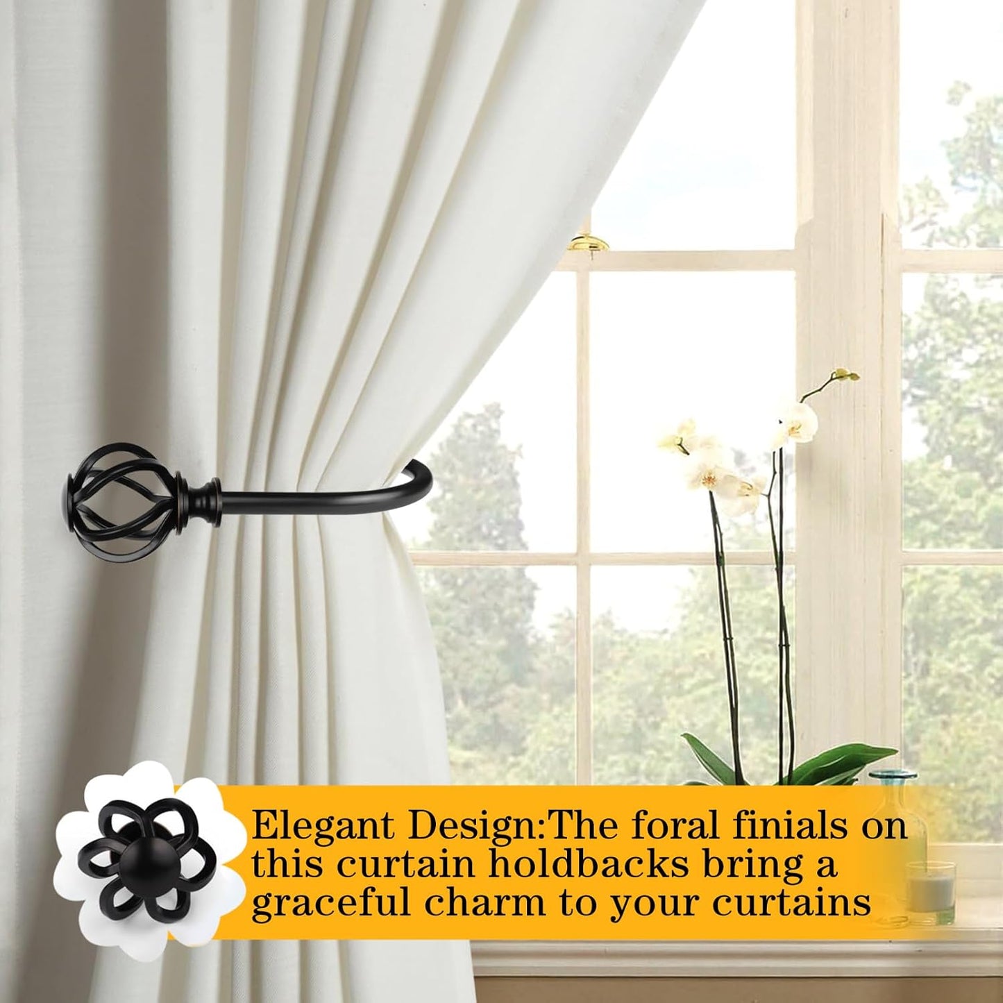 2 Pack Curtain Holdbacks, USFOOK Black Decorative Window Drapery Tiebacks (2 Pack/1 Pair), Curtain Tie Back Hooks for Wall with Twisted Cage Finials (3.45" L x 5.35" W)