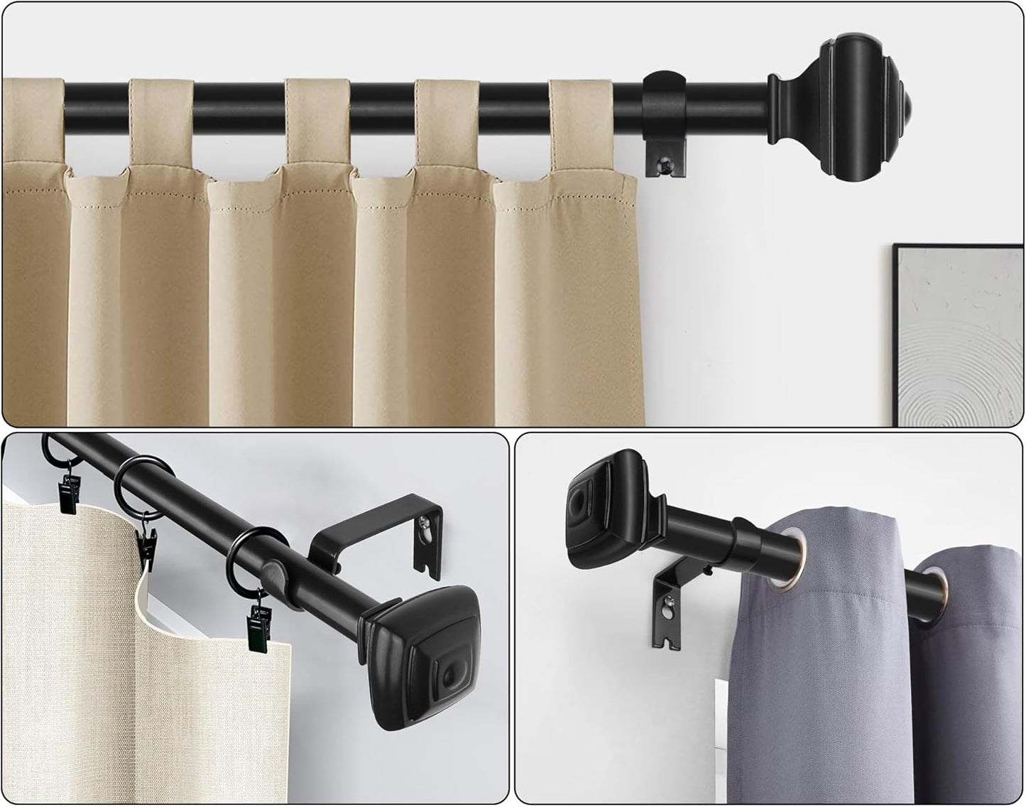 Adjustable Curtains Rods for Windows 48 to 84 Inch, USFOOK 7/8 Inch Splicing Single Curtain Pole Set, Decorative Drapery Rods 32 to 86 Inch for Home, Black Square Finials