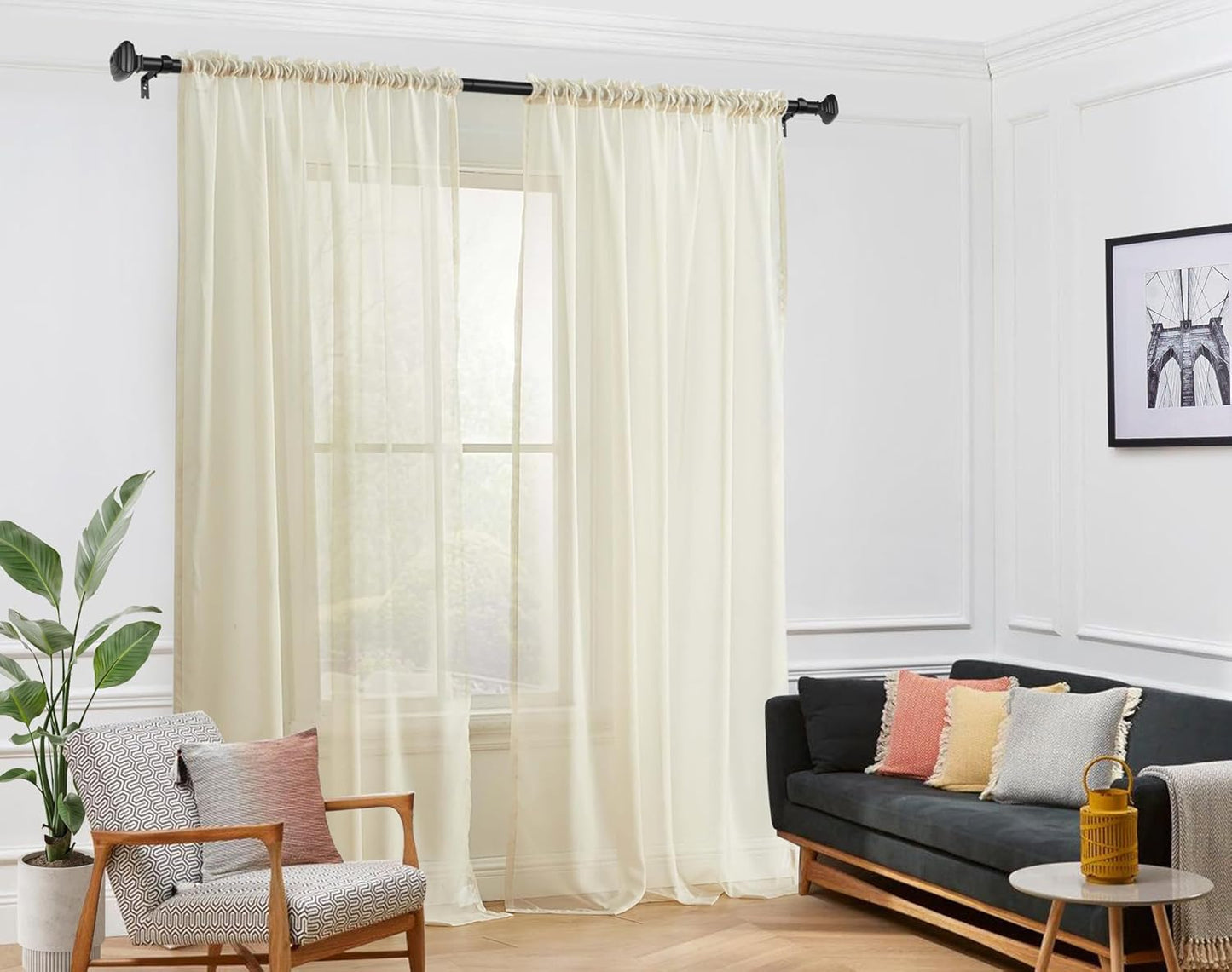 Adjustable Curtains Rods for Windows 48 to 84 Inch, USFOOK 7/8 Inch Splicing Single Curtain Pole Set, Decorative Drapery Rods 32 to 86 Inch for Home, Black Square Finials