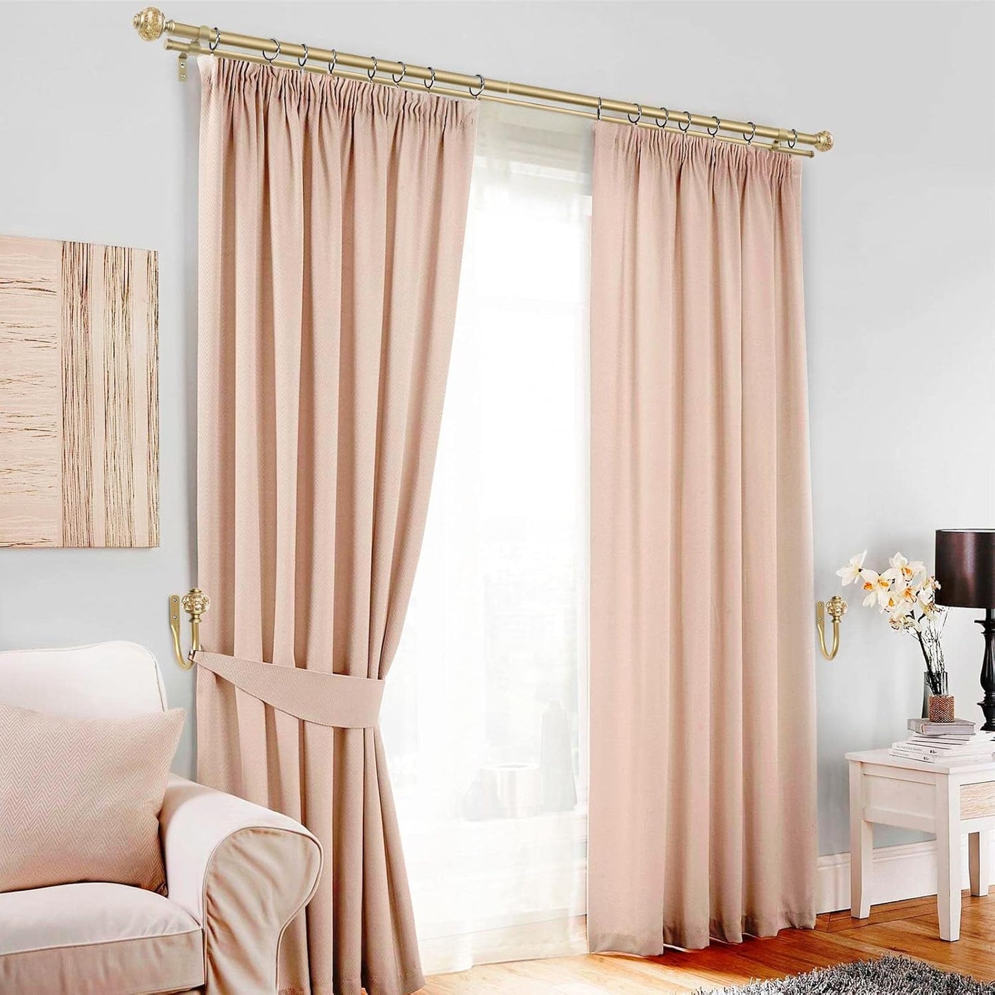 1 Inch Gold Double Curtain Rods 72 to 144 Inches (6 to 12 ft), USFOOK Drapery Rods for Windows, Telescoping Dual Curtain Rod with Luxury Translucent Finials