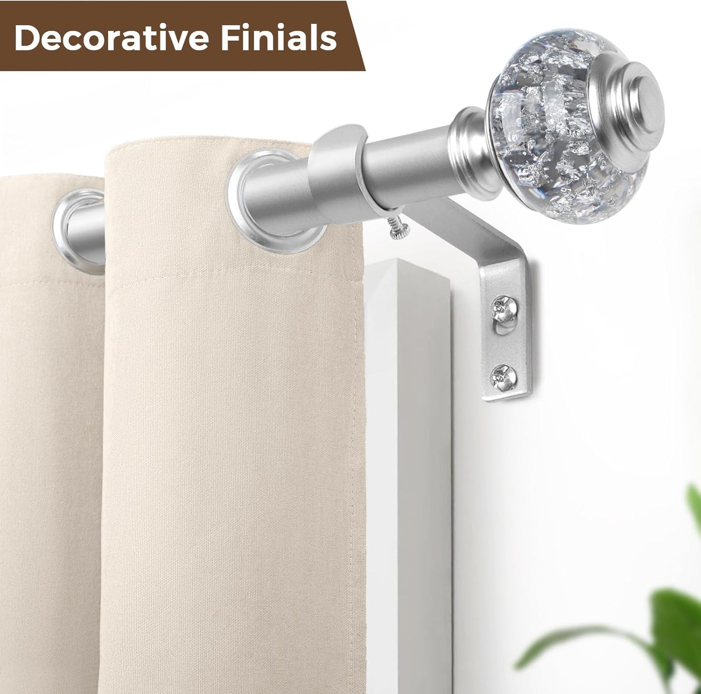 Curtain Rod 32 to 58 Inches (2.6-4.8ft), USFOOK 7/8 inch Telescoping Splicing Curtain rods for Windows 20 to 54 inches, Silver Decorative Drapery Rods for Home with Translucent Finials