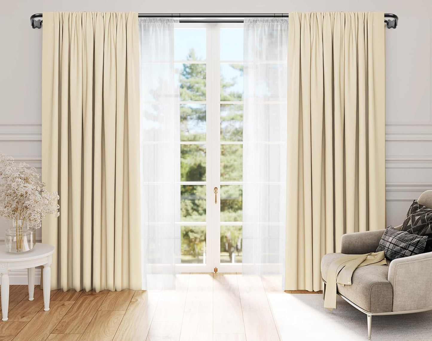 Black Double Curtain Rods, USFOOK Blackout Wrap Around Curtain Rods for Windows 32 to 58 Inch, 6/8 Inch Room Darkening Curtain Rod