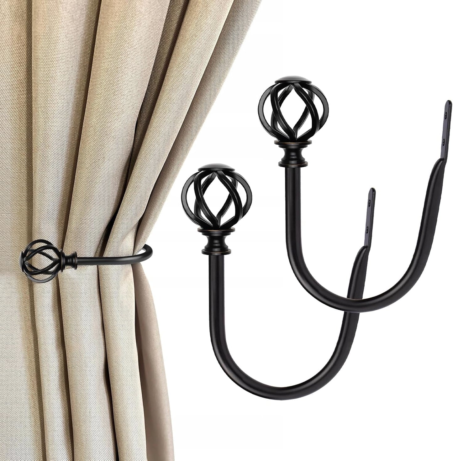 2 Pack Curtain Holdbacks, USFOOK Black Decorative Window Drapery Tiebacks (2 Pack/1 Pair), Curtain Tie Back Hooks for Wall with Twisted Cage Finials (3.45" L x 5.35" W)