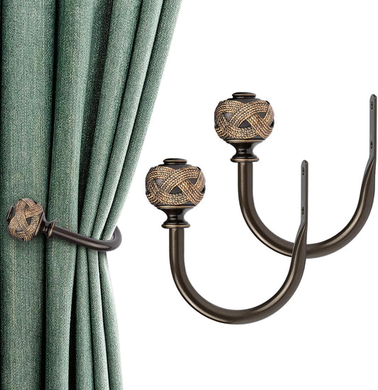 2 Pack Bronze Curtain Holdbacks, Decorative Window Drapery Tiebacks (2 Pack/1 Pair), Curtain Tie Back Hooks for Wall with Leaf Finials (4.3" L x 3.3" W)