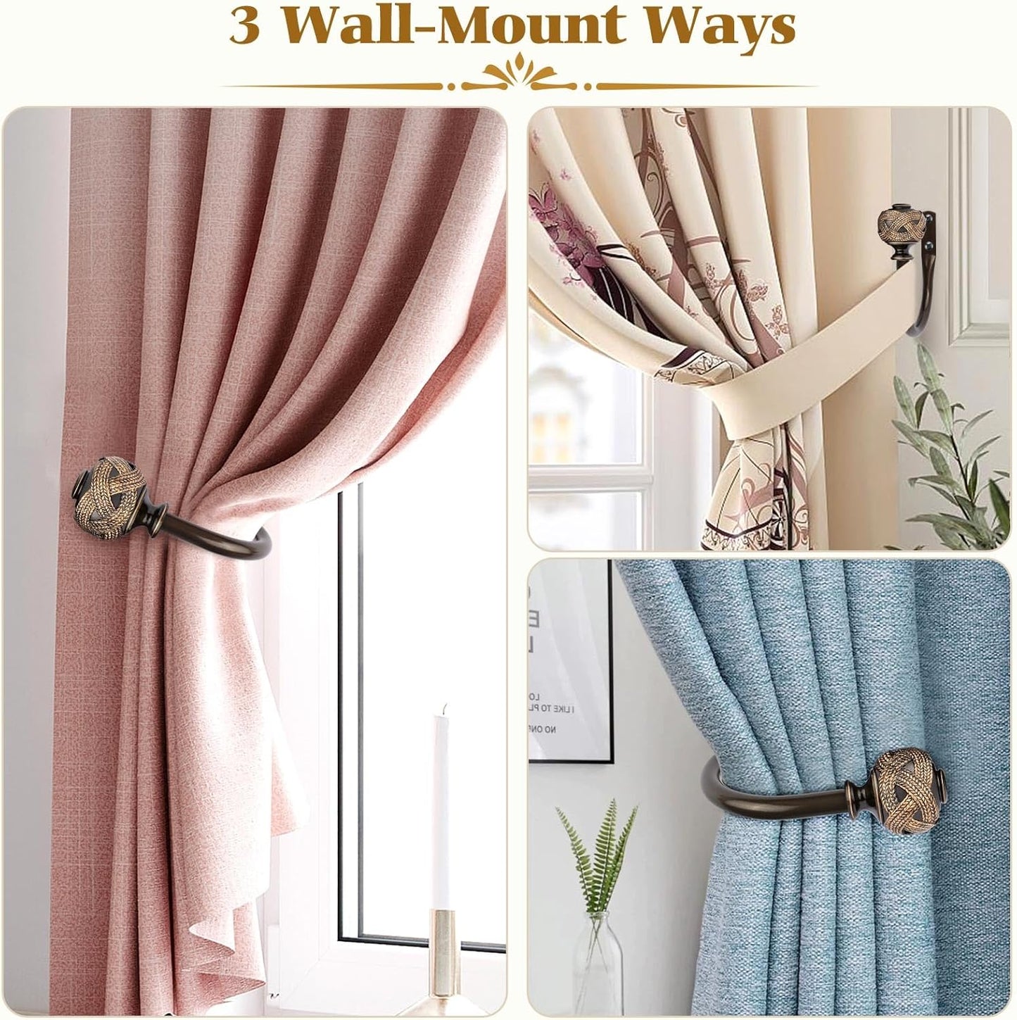 2 Pack Bronze Curtain Holdbacks, Decorative Window Drapery Tiebacks (2 Pack/1 Pair), Curtain Tie Back Hooks for Wall with Leaf Finials (4.3" L x 3.3" W)