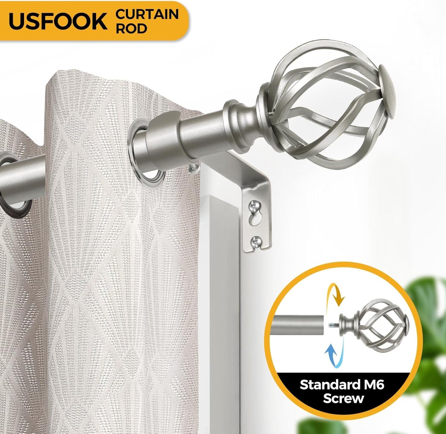 Antique Silver Curtain Rod 32 to 58 Inches (2.6 to 4.8 ft), USFOOK 7/8 Curtain Rods for Windows, Telescoping Splicing Drapery Rods with Twisted Cage Finials