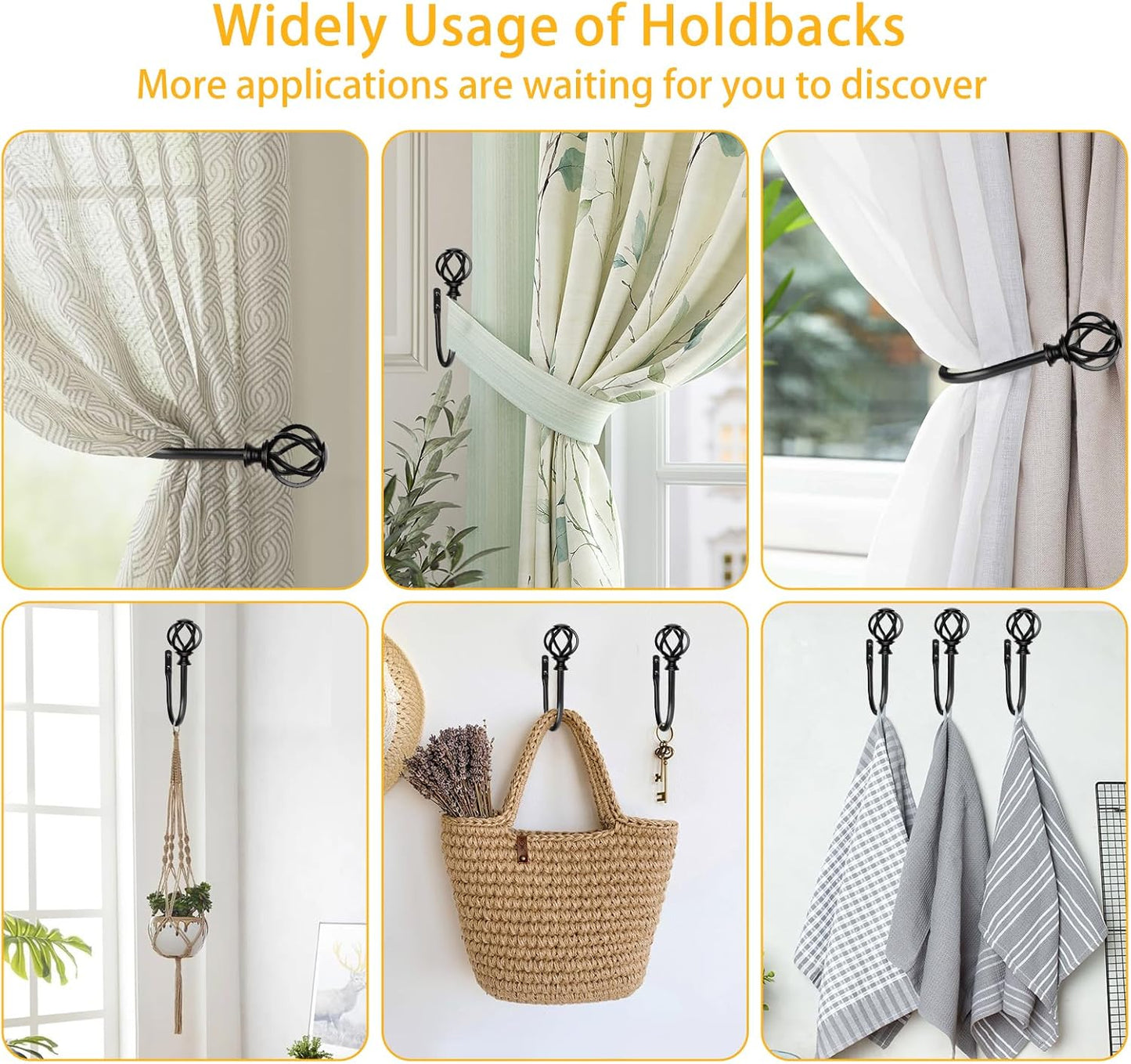 2 Pack Curtain Holdbacks, USFOOK Black Decorative Window Drapery Tiebacks (2 Pack/1 Pair), Curtain Tie Back Hooks for Wall with Twisted Cage Finials (3.45" L x 5.35" W)