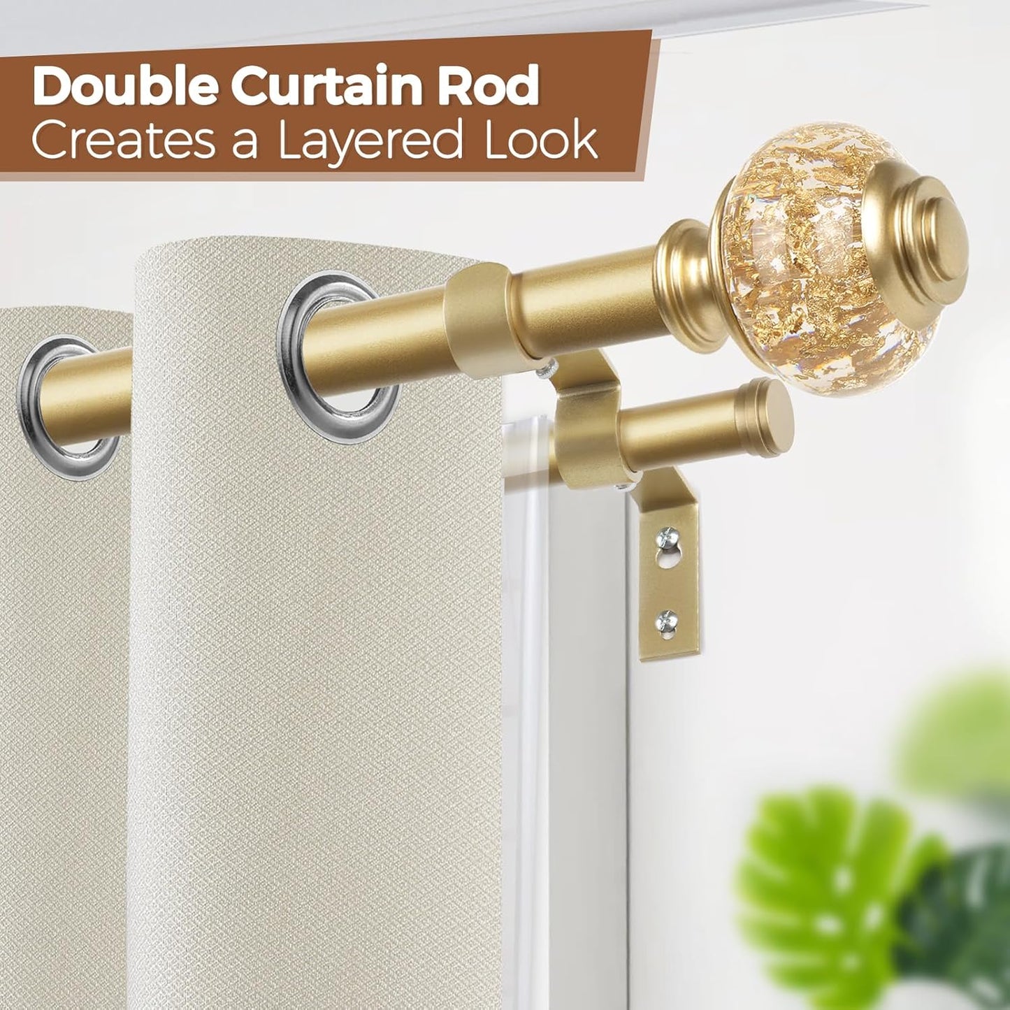 1 Inch Gold Double Curtain Rods 72 to 144 Inches (6 to 12 ft), USFOOK Drapery Rods for Windows, Telescoping Dual Curtain Rod with Luxury Translucent Finials