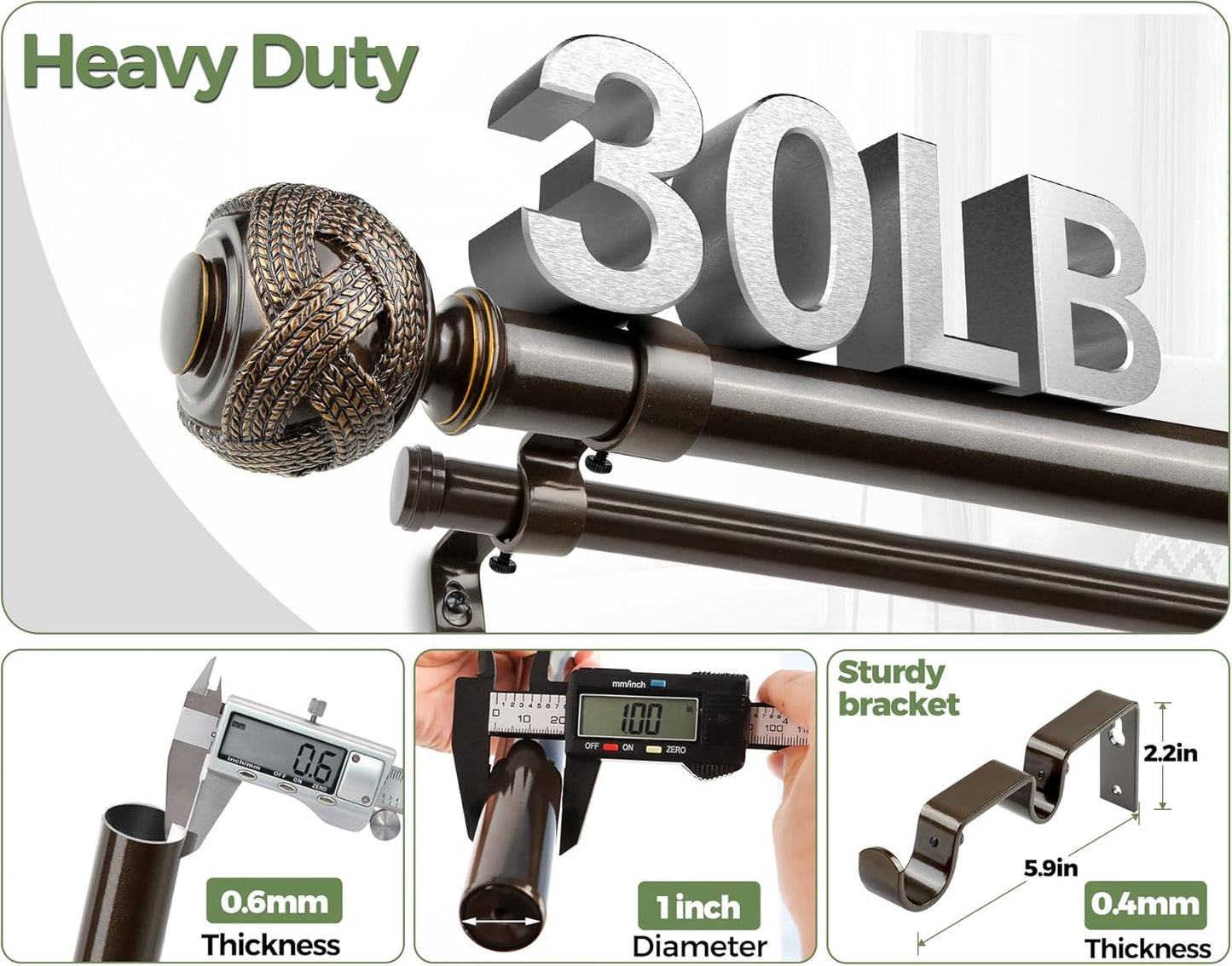 1 Inch Double Curtain Rods 72 to 144 Inches (6 to 12 ft), USFOOK Bronze Drapery Rods for Windows 69 to 140 Inches, Telescoping Dual Curtain Rod with Woven Leaf Finials