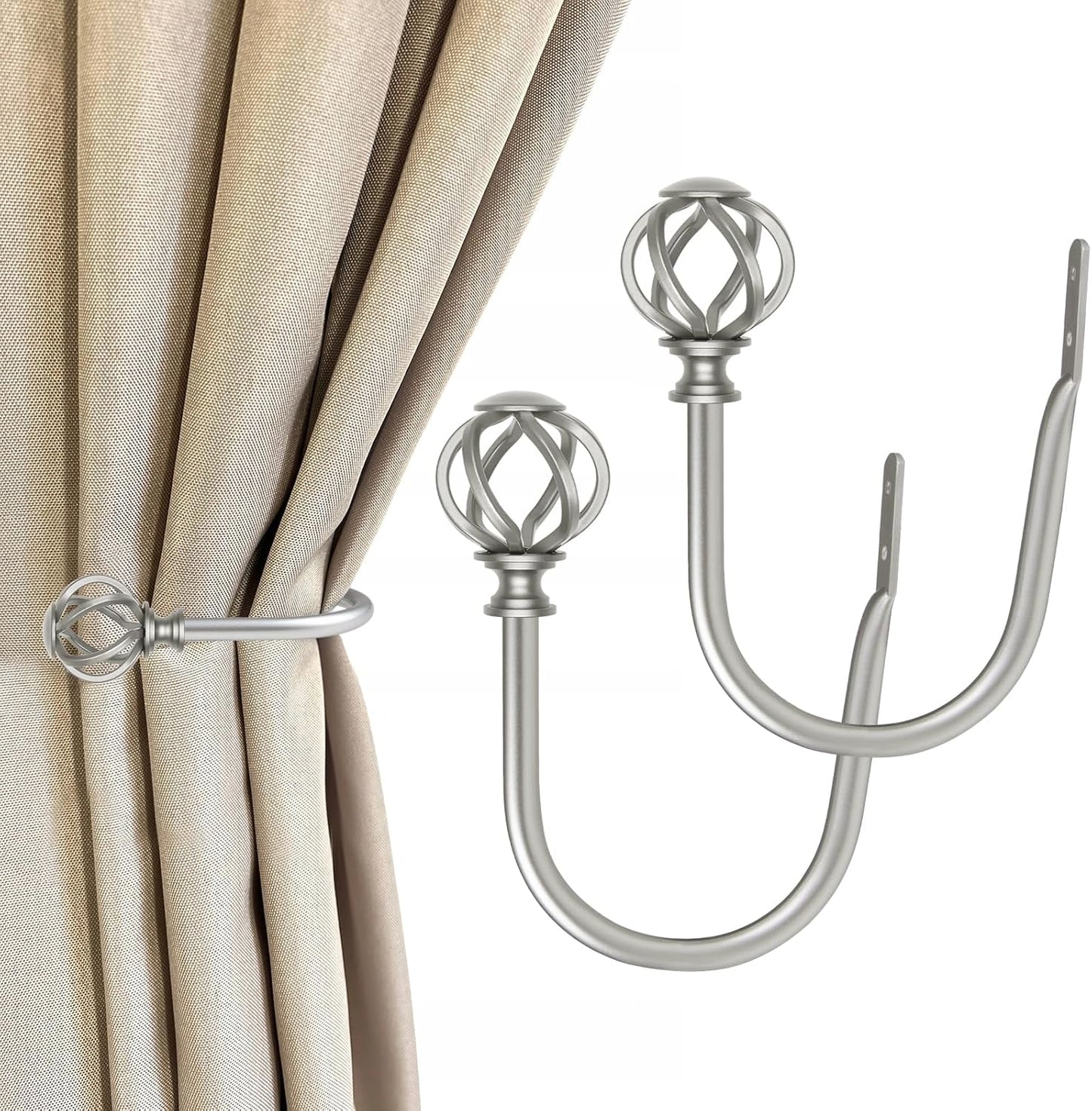 2 Pack Curtain Holdbacks, USFOOK Black Decorative Window Drapery Tiebacks (2 Pack/1 Pair), Curtain Tie Back Hooks for Wall with Twisted Cage Finials (3.45" L x 5.35" W)